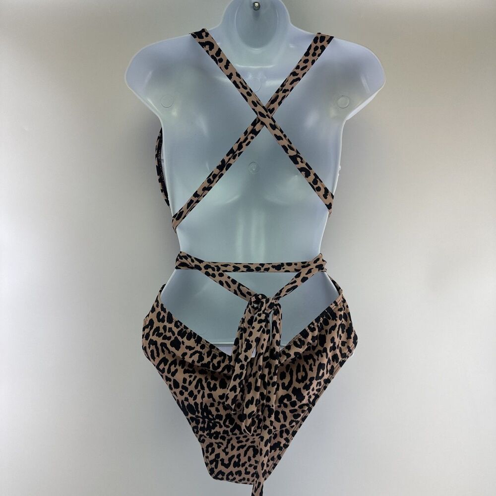 Bellanblue Swimsuit Plunging V Front Wrap Ties Leopard Print Peach Hi Cut Large - Picture 6 of 12